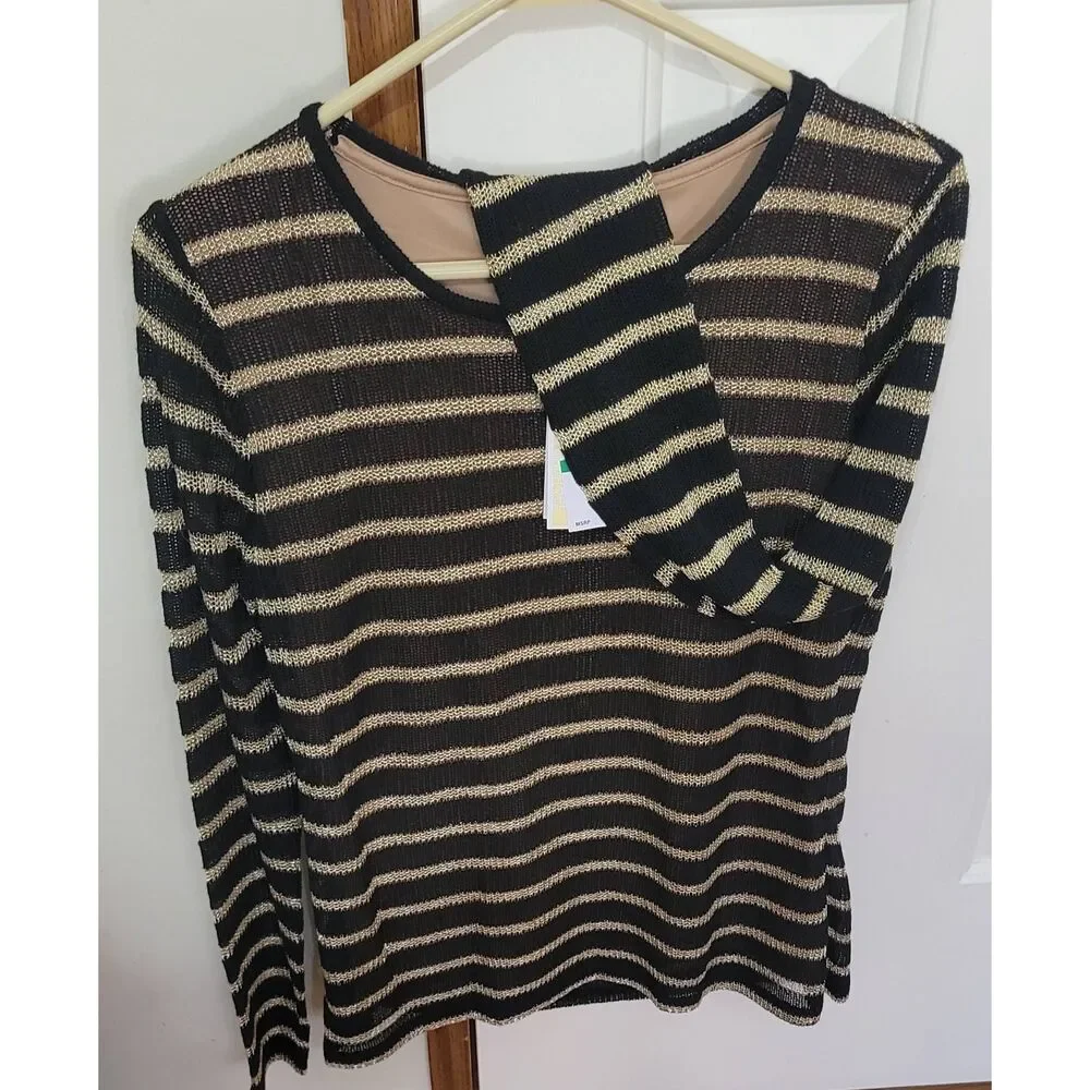 Michael Kors Open Knit Metallic Stripes Gold Black Long Sleeve Top Sz LP New